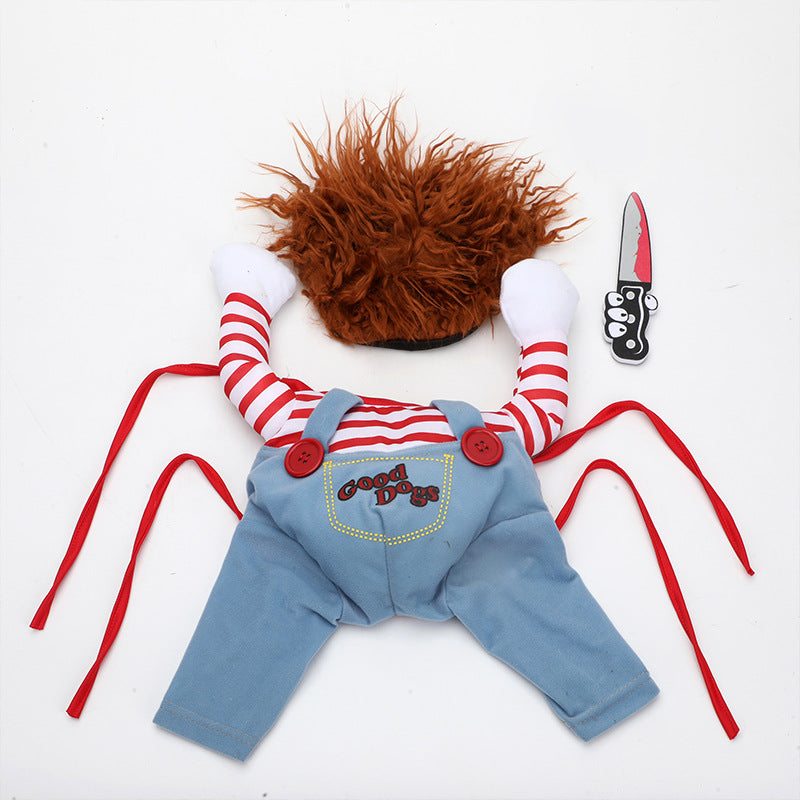 Halloween dog costume set laid flat: striped shirt, overalls, red wig and foam knife
