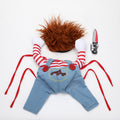 Halloween dog costume set laid flat: striped shirt, overalls, red wig and foam knife
