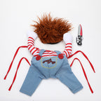 Halloween dog costume set laid flat: striped shirt, overalls, red wig and foam knife