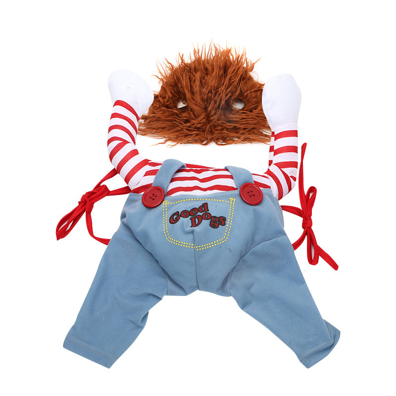 Halloween dog costume laid flat: striped shirt, denim overalls with red ties, and red wig