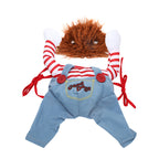 Halloween dog costume laid flat: striped shirt, denim overalls with red ties, and red wig