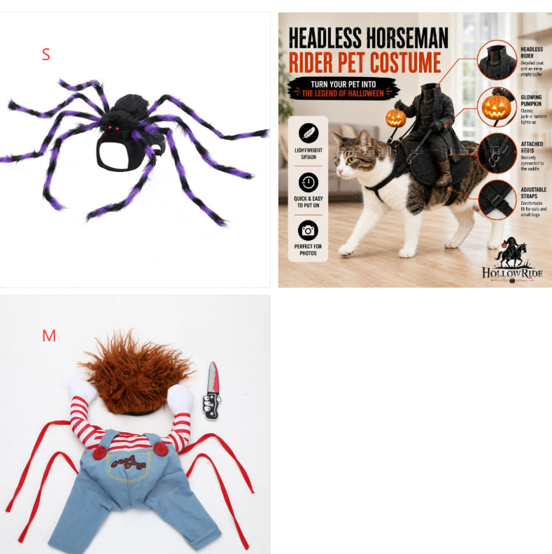 Pet costume options by size: purple spider costume, headless rider costume, and striped overalls costume set