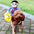 Poodle wearing cowboy rider Halloween costume with plaid shirt and yellow hat