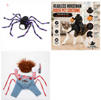 Pet costume options: purple spider costume, headless rider costume with pumpkin, and striped overalls costume with wig